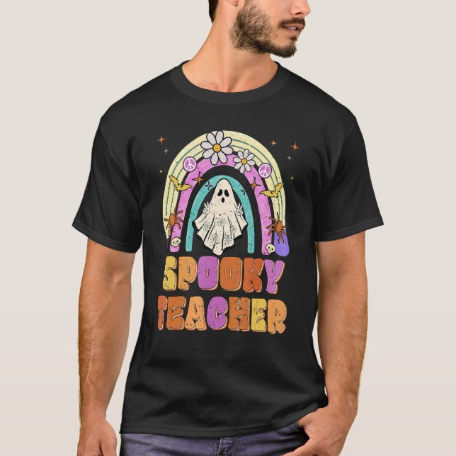 Spooky Teacher Retro Spooky Floral Ghost Hippie Ha T Shirt (Framsida)