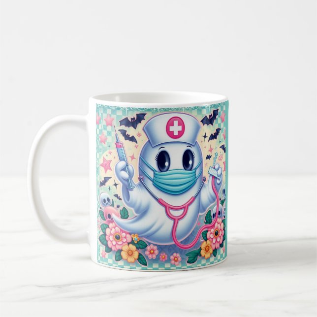 Spooky Tecknad Ghost Nurse: Halloween Art Art Kaffemugg (Vänster)