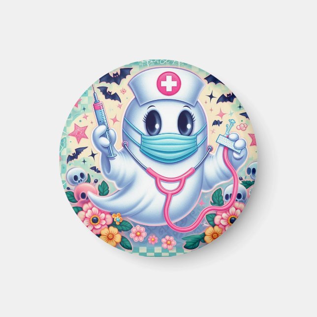 Spooky Tecknad Ghost Nurse: Halloween Art Art Magnet (Framsidan)