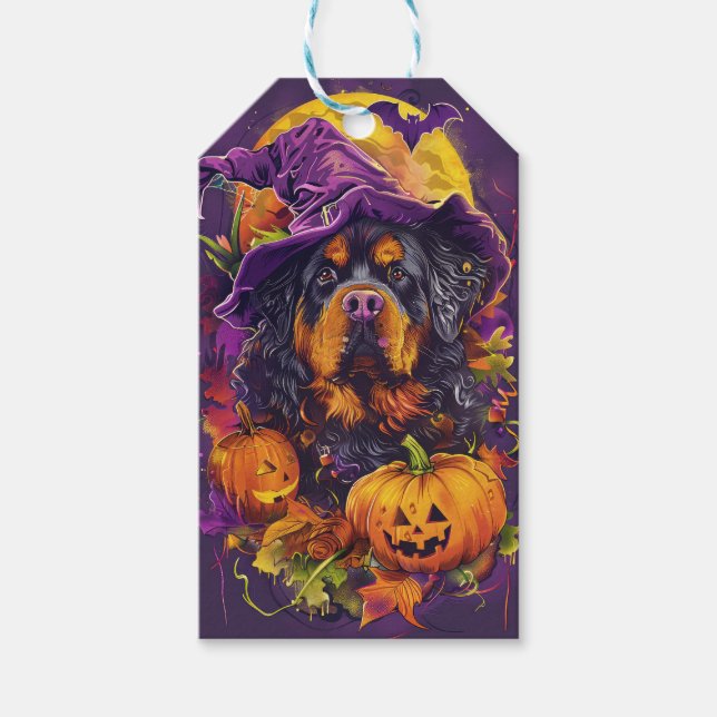 Spooky Tibetansk Mastiff Hund Halloween Witch Pump Presentetikett (Framsidan)
