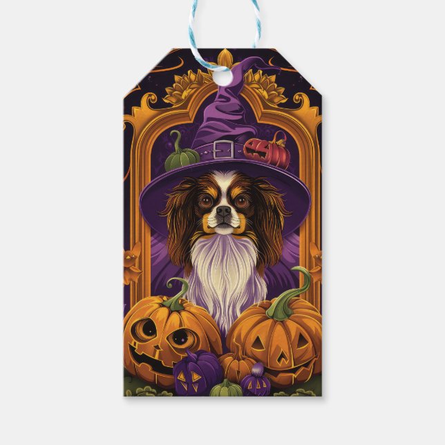 Spooky Tibetansk spanjor Hund Halloween Witch Pump Presentetikett (Framsidan)