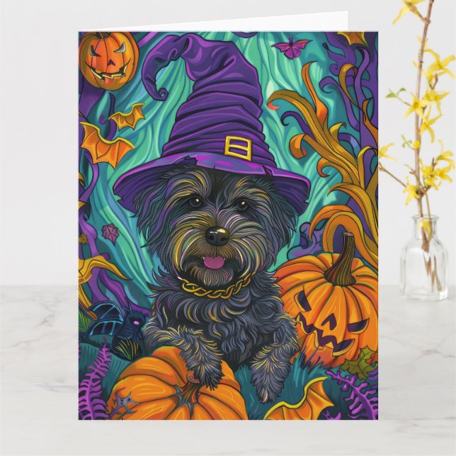 Spooky Tibetansk Terrier Hund Halloween Witch Pump Kort (Gul blomma)