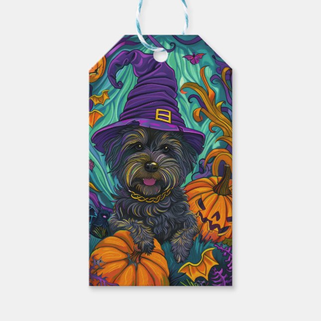 Spooky Tibetansk Terrier Hund Halloween Witch Pump Presentetikett (Framsidan)
