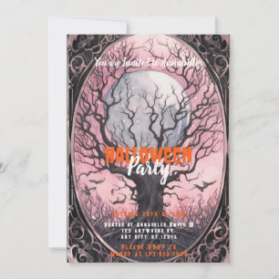 Spooky Träd Full Moon Rosa Himlar Halloween fest Inbjudningar