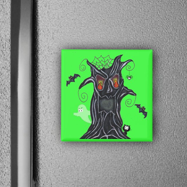 Spooky Träd med Halloween Friends Magnet (Black spooky tree flame eyes bats, ghost, black cat on vibrant green Halloween magnet.)