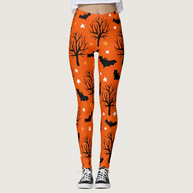 Spooky Träd och Fladdermöss Halloween Mönster Leggings (Framsida)