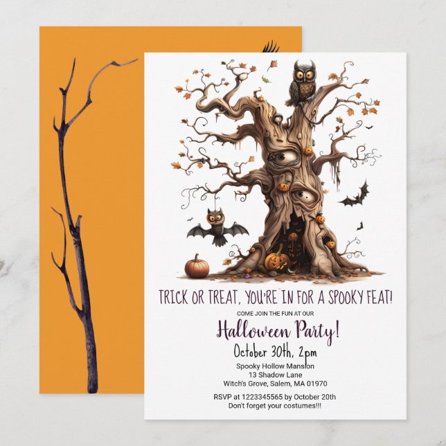 Spooky Träd Uggla Fladdermus Pumpkins Halloween fe Inbjudningar (Fram/baksida)