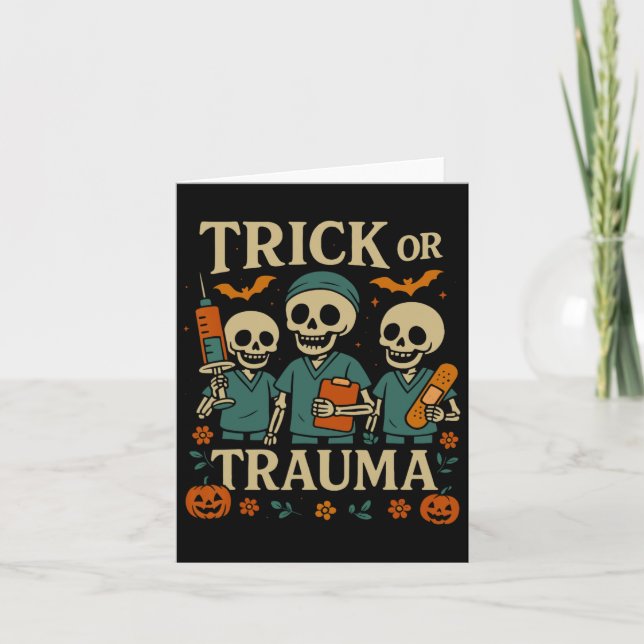 Spooky Trick eller Trauma Skeleton Pumpkin Hallowe Kort (Framsida)