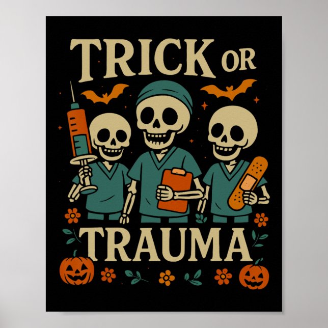 Spooky Trick eller Trauma Skeleton Pumpkin Hallowe Poster (Framsidan)