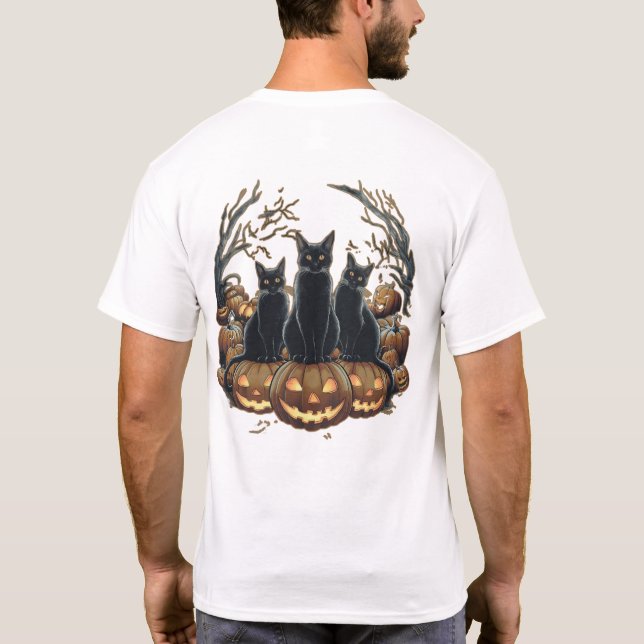 Spooky Trio Svarta katter på Pumpkins Halloween T Shirt (Baksida)