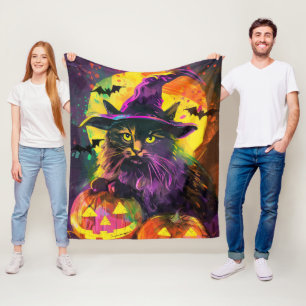 Spooky Turkisk Angora Cat Halloween Witch Pumpkin Fleecefilt