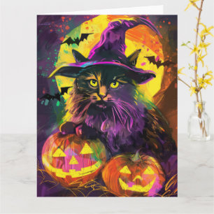 Spooky Turkisk Angora Cat Halloween Witch Pumpkin Kort