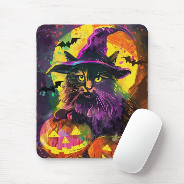 Spooky Turkisk Angora Cat Halloween Witch Pumpkin Musmatta (Med mus)