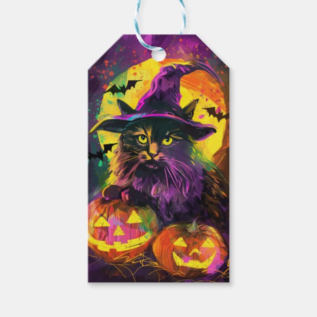 Spooky Turkisk Angora Cat Halloween Witch Pumpkin Presentetikett (Framsidan)