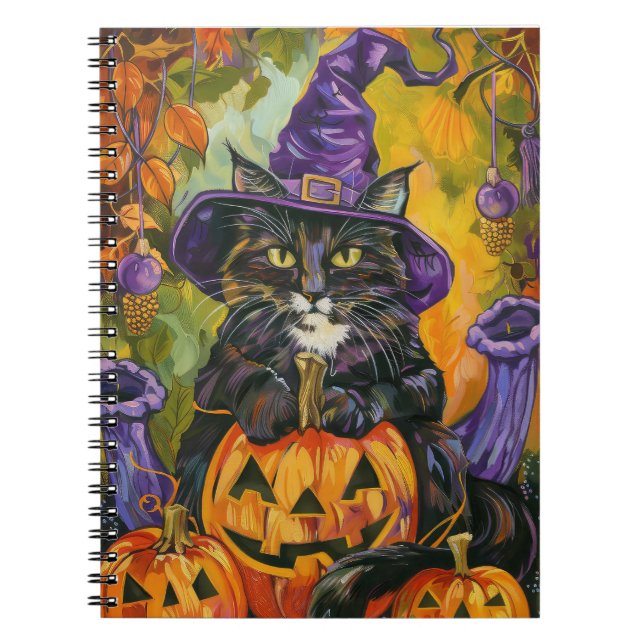Spooky Tuxedo Cat Halloween Witch och Pumpkin Anteckningsbok (Framsidan)