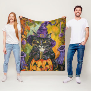 Spooky Tuxedo Cat Halloween Witch och Pumpkin Fleecefilt
