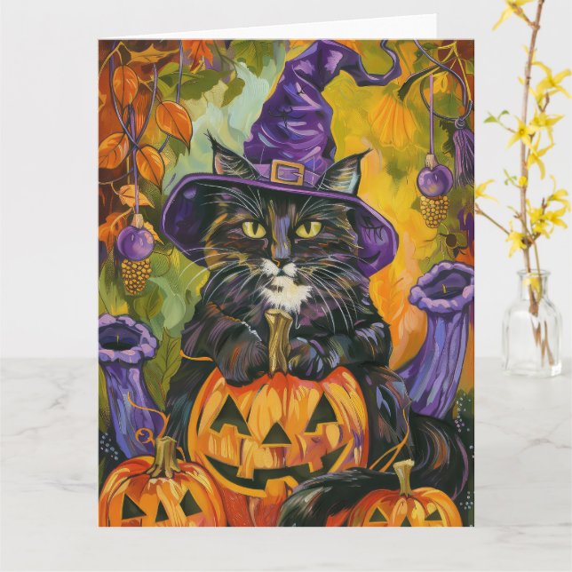 Spooky Tuxedo Cat Halloween Witch och Pumpkin Kort (Gul blomma)