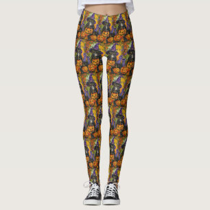 Spooky Tuxedo Cat Halloween Witch och Pumpkin Leggings