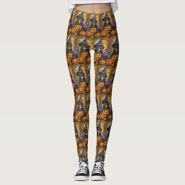 Spooky Tuxedo Cat Halloween Witch och Pumpkin Leggings (Framsida)