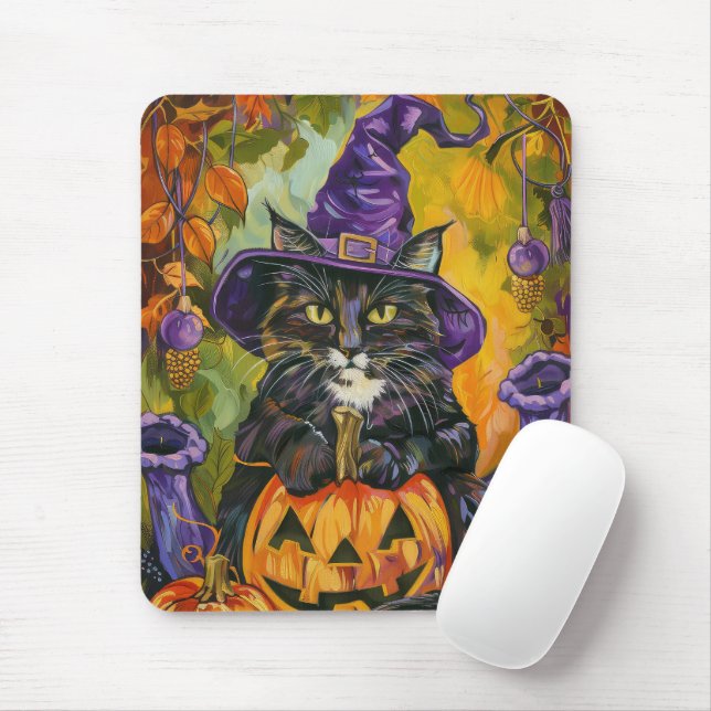 Spooky Tuxedo Cat Halloween Witch och Pumpkin Musmatta (Med mus)
