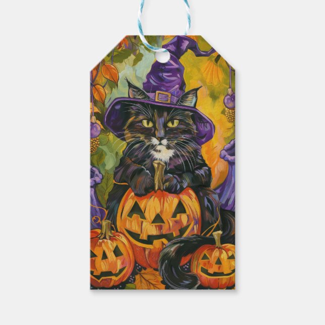 Spooky Tuxedo Cat Halloween Witch och Pumpkin Presentetikett (Framsidan)