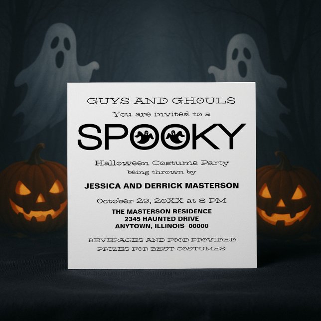 Spooky Typography Halloween fest Inbjudan, Black Inbjudningar (White and Black Spooky Typography Halloween Party Invitation)