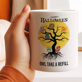 Spooky Uggla Family Träd Halloween Kaffemugg