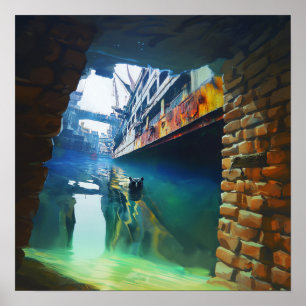 Spooky Uggla Vatten Bridge Witchy AI Art Matte Val Poster