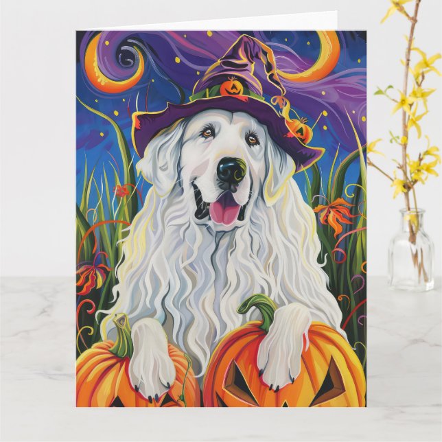 Spooky Underbar Pyrenees Hund Halloween Witch Pump Kort (Gul blomma)