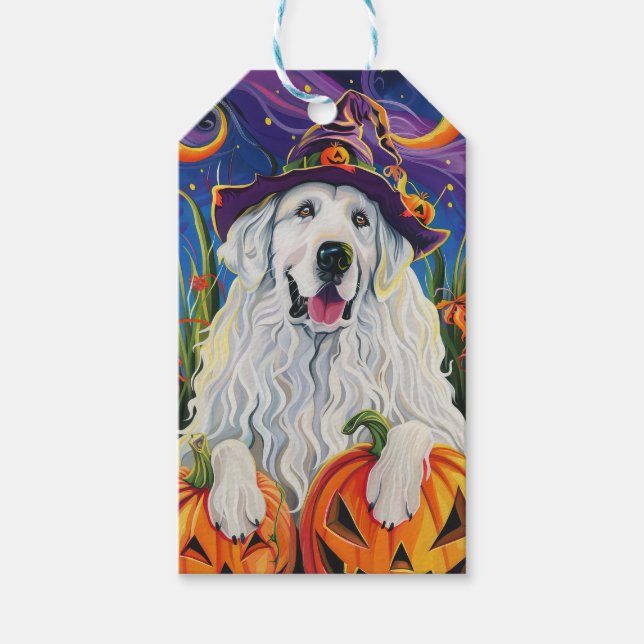 Spooky Underbar Pyrenees Hund Halloween Witch Pump Presentetikett (Framsidan)