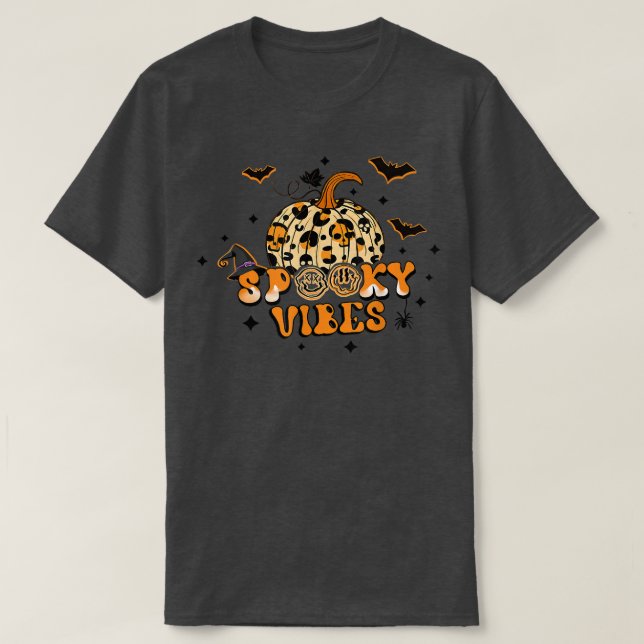 Spooky Vibes Autumn Pumpkin Leopard Hat Witches Ha T Shirt (Design framsida)