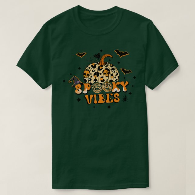 Spooky Vibes Autumn Pumpkin Leopard Hat Witches Ha T Shirt (Design framsida)
