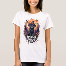 Spooky Vibes Black Cat Halloween T-Shirt for Women