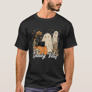 Spooky Vibes Blommigt Ghost Halloween Pumpkin Blac T Shirt