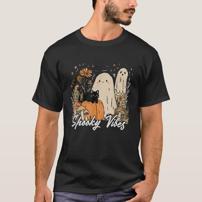 Spooky Vibes Blommigt Ghost Halloween Pumpkin Blac T Shirt (Framsida)