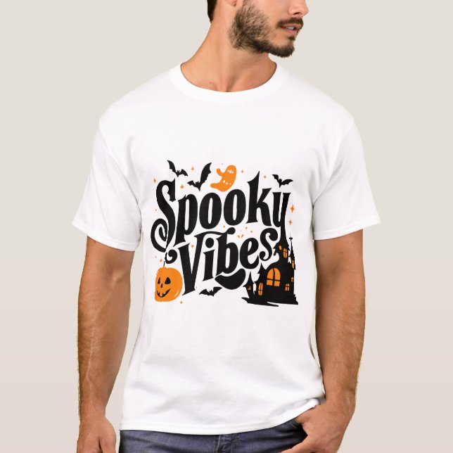Spooky Vibes Cute Ghost Pumpkin Haunted House Art T Shirt (Framsida)