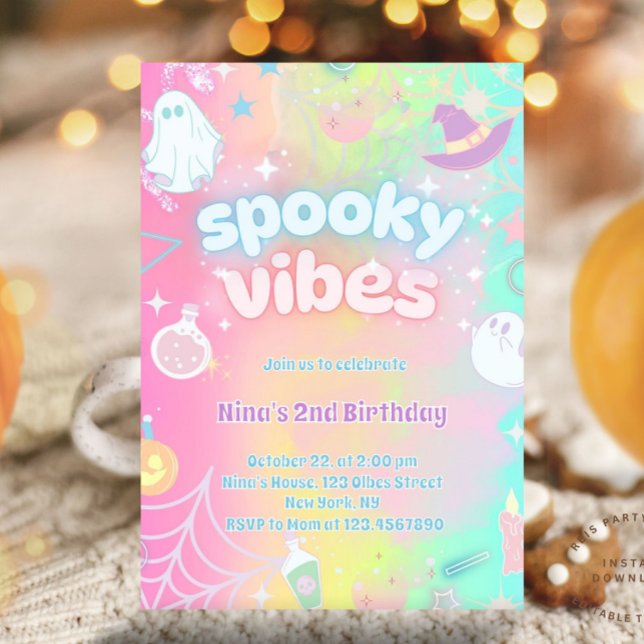 Spooky Vibes Cute Rosa Neon Pastel Halloween Bday Inbjudningar (Pink neon birthday party, glow birthday party, glow halloween party, glow in the dark party, pastel )