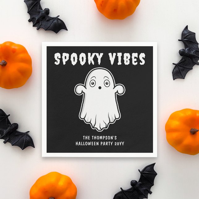Spooky Vibes Ghost Halloween Black and White Pappersservett (Cute design for the spooky Halloween season. Personalize with your custom text.)