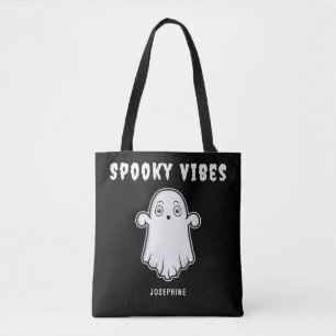 Spooky Vibes Ghost med eget namn svart vitt Tygkasse
