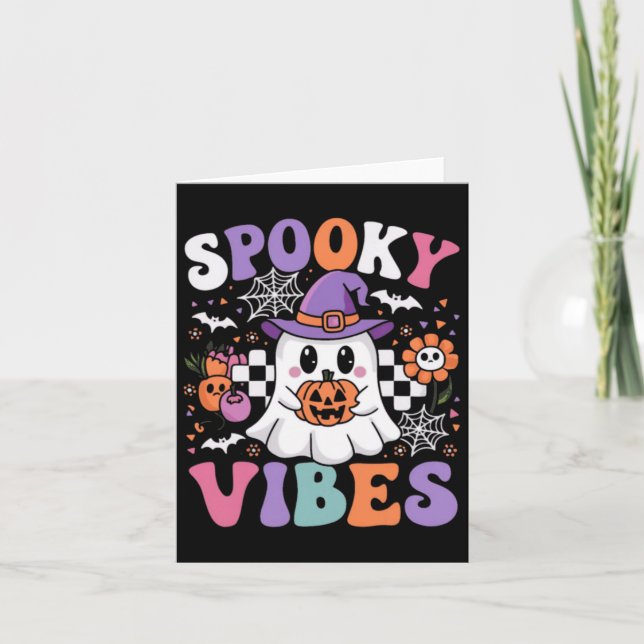 Spooky Vibes Ghost Retro Groovy Halloween Kids Gir Kort (Framsida)