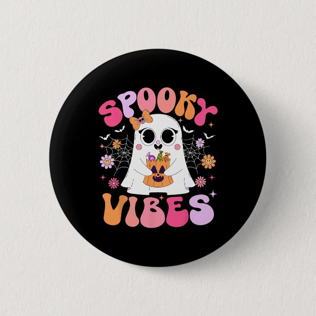 Spooky Vibes Ghost Retro Groovy Halloween Women Gi Knapp (Framsida)
