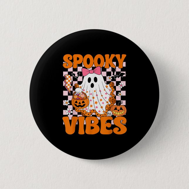 Spooky Vibes Ghost Retro Groovy Halloween Women Gi Knapp (Framsida)