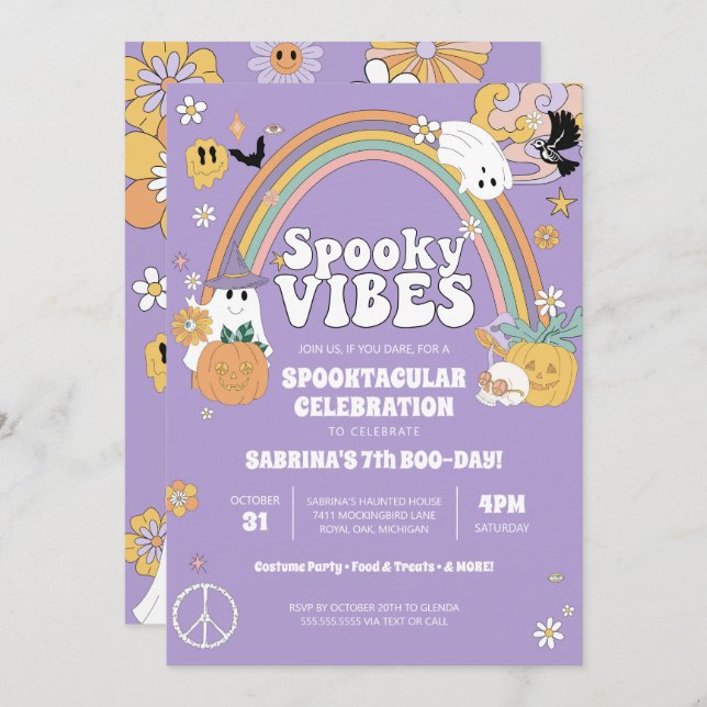 Spooky Vibes Groovy Ghost Hippe Halloween Birthday Inbjudningar (Fram/baksida)