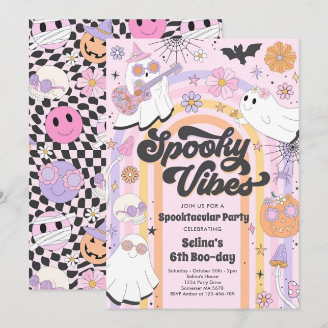 Spooky Vibes Halloween Cute Groovy Ghost Birthday Inbjudningar (Fram/baksida)