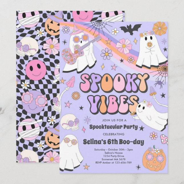 Spooky Vibes Halloween Cute Groovy Ghost Birthday Inbjudningar (Fram/baksida)