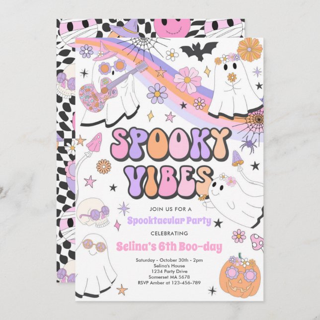 Spooky Vibes Halloween Cute Groovy Ghost Birthday Inbjudningar (Fram/baksida)