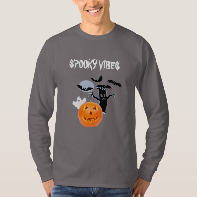 Spooky Vibes Halloween med White Ghost & Text T Shirt (Framsida)