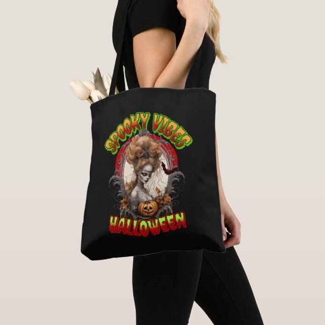 Spooky Vibes Halloween Tote Bag, Halloween Tygkasse (Närbild)