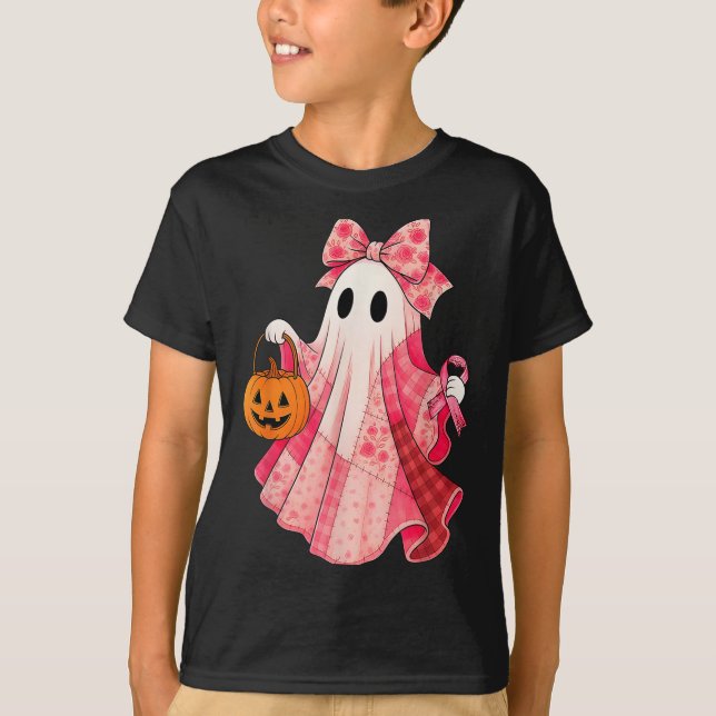Spooky Vibes Pink Ghost Preppy Halloween Women Gir T Shirt (Framsida)