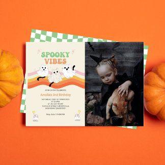 Spooky Vibes Retro Halloween Ghost Birthday Photo Inbjudningar